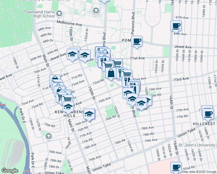 map of restaurants, bars, coffee shops, grocery stores, and more near 150-45 73rd Avenue in Queens