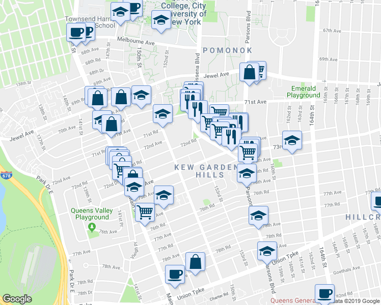 map of restaurants, bars, coffee shops, grocery stores, and more near 150-45 73rd Avenue in Queens