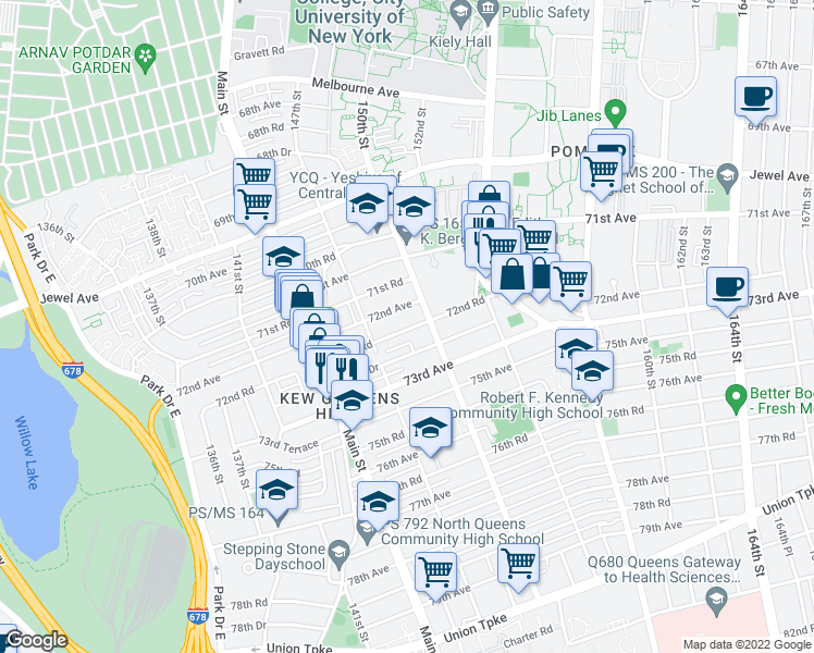 map of restaurants, bars, coffee shops, grocery stores, and more near 147-33 72nd Drive in Queens