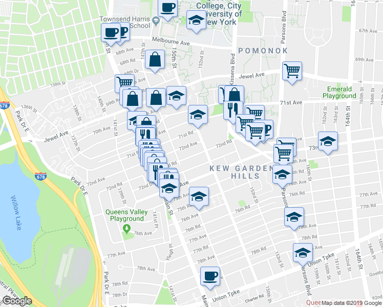 map of restaurants, bars, coffee shops, grocery stores, and more near 147-33 72nd Drive in Queens