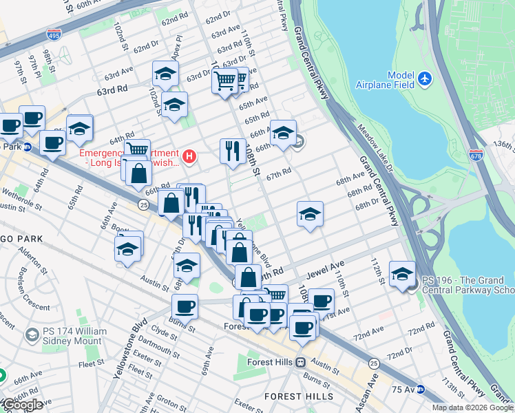 map of restaurants, bars, coffee shops, grocery stores, and more near 106-21 68th Avenue in Queens