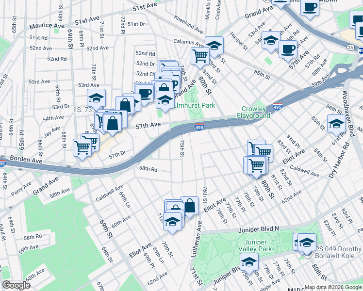 map of restaurants, bars, coffee shops, grocery stores, and more near 57-79 75th Street in Queens