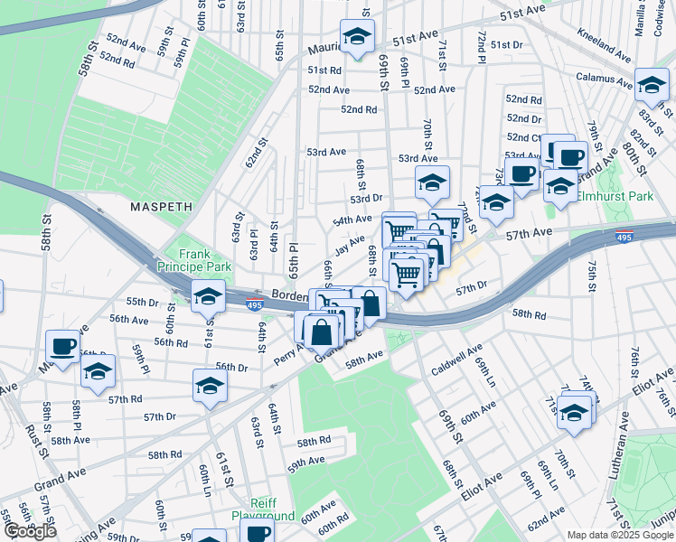 map of restaurants, bars, coffee shops, grocery stores, and more near 66-37 Clinton Avenue in Queens