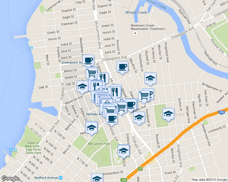map of restaurants, bars, coffee shops, grocery stores, and more near 208 Eckford Street in Brooklyn