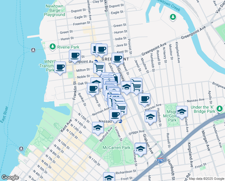 map of restaurants, bars, coffee shops, grocery stores, and more near 639 Leonard Street in Brooklyn