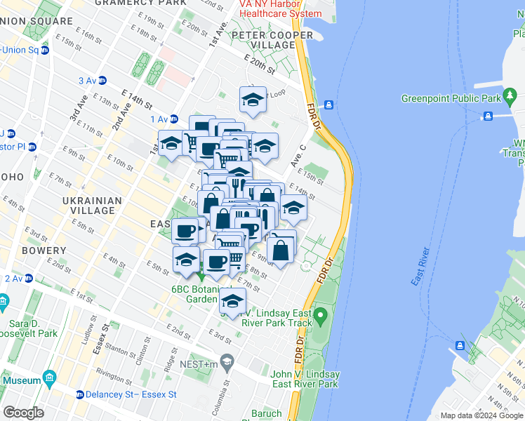 map of restaurants, bars, coffee shops, grocery stores, and more near 933 East 11th Street in New York