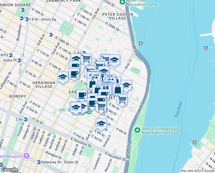 map of restaurants, bars, coffee shops, grocery stores, and more near 375 East 10th Street in New York
