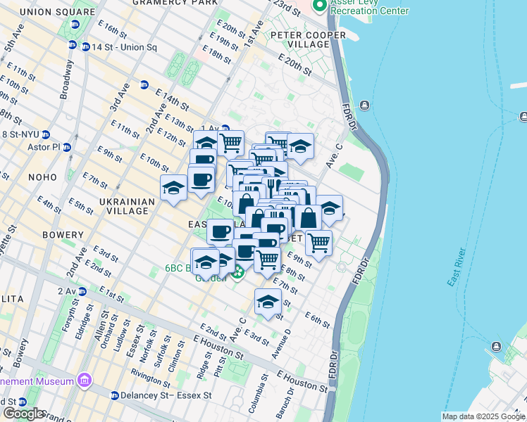 map of restaurants, bars, coffee shops, grocery stores, and more near 375 East 10th Street in New York