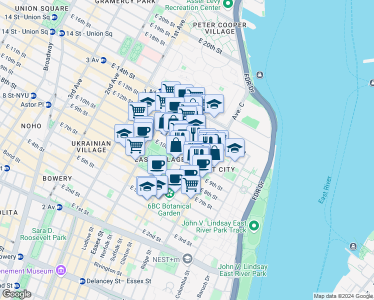 map of restaurants, bars, coffee shops, grocery stores, and more near 375 East 10th Street in New York