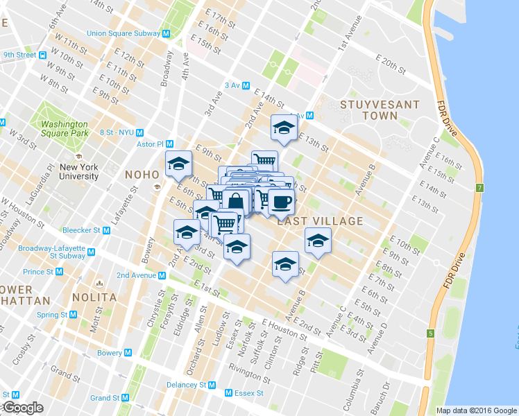 map of restaurants, bars, coffee shops, grocery stores, and more near 117 1st Avenue in New York