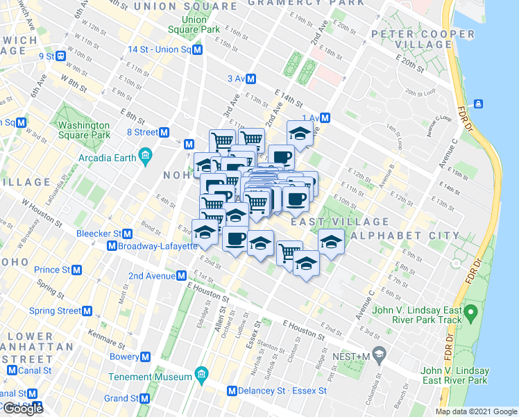 map of restaurants, bars, coffee shops, grocery stores, and more near 117 1st Avenue in New York