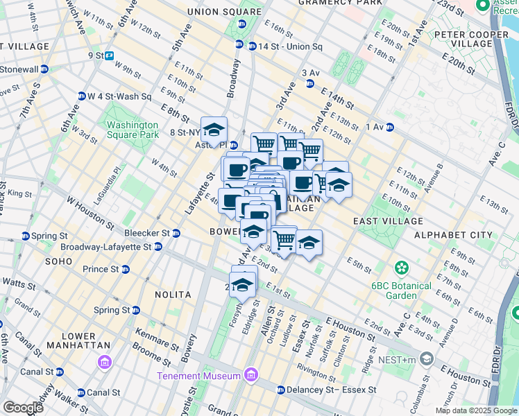 map of restaurants, bars, coffee shops, grocery stores, and more near 82 2nd Avenue in New York