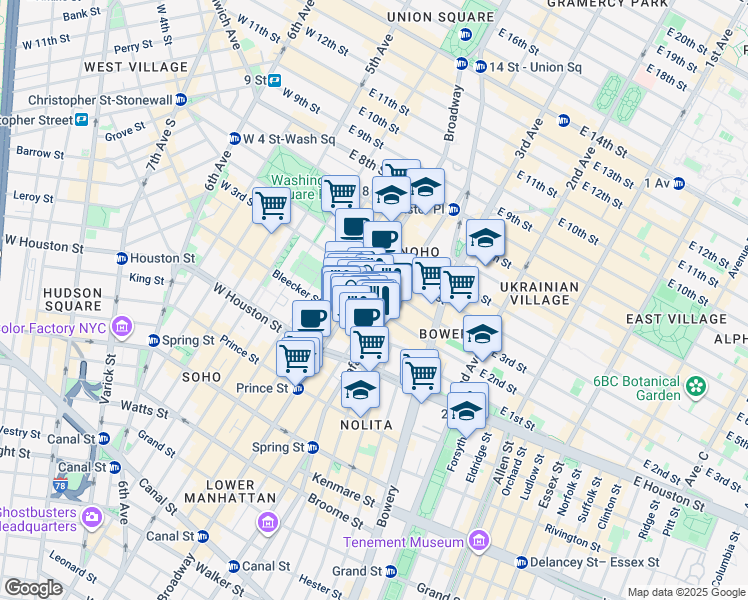 map of restaurants, bars, coffee shops, grocery stores, and more near 653 Broadway in New York