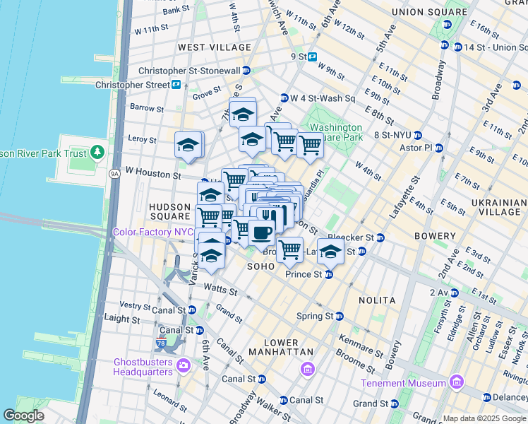 map of restaurants, bars, coffee shops, grocery stores, and more near 155-159 Sullivan Street in New York