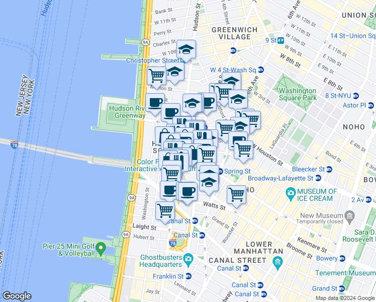 map of restaurants, bars, coffee shops, grocery stores, and more near in New York