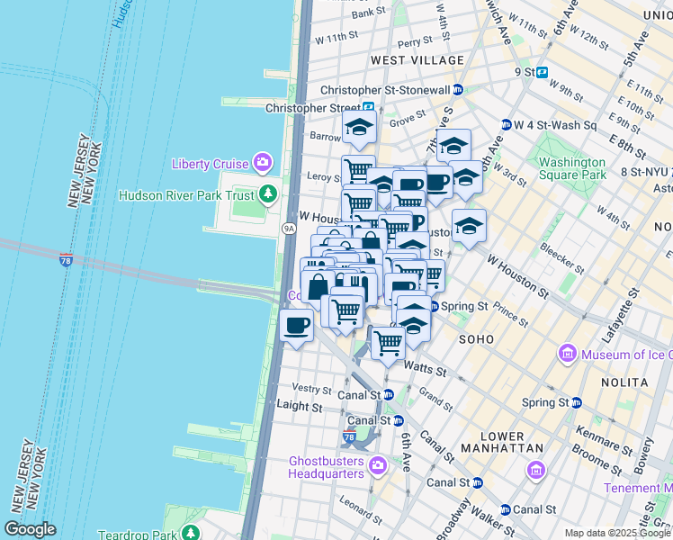map of restaurants, bars, coffee shops, grocery stores, and more near 92 Vandam Street in New York