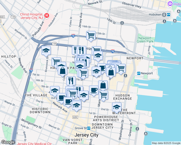 map of restaurants, bars, coffee shops, grocery stores, and more near in Jersey City