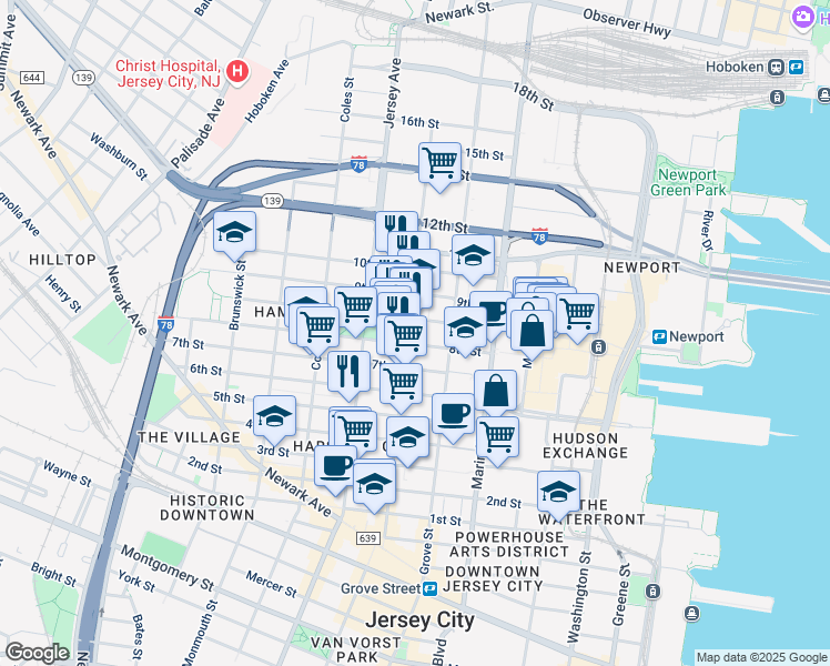 map of restaurants, bars, coffee shops, grocery stores, and more near in Jersey City
