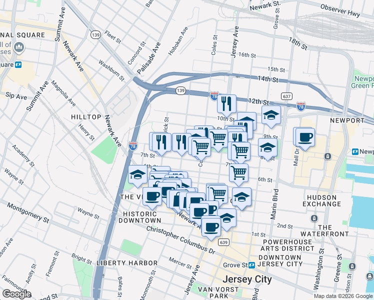 map of restaurants, bars, coffee shops, grocery stores, and more near 299 7th Street in Jersey City