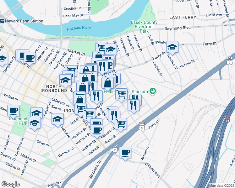 map of restaurants, bars, coffee shops, grocery stores, and more near 104 Marne Street in Newark