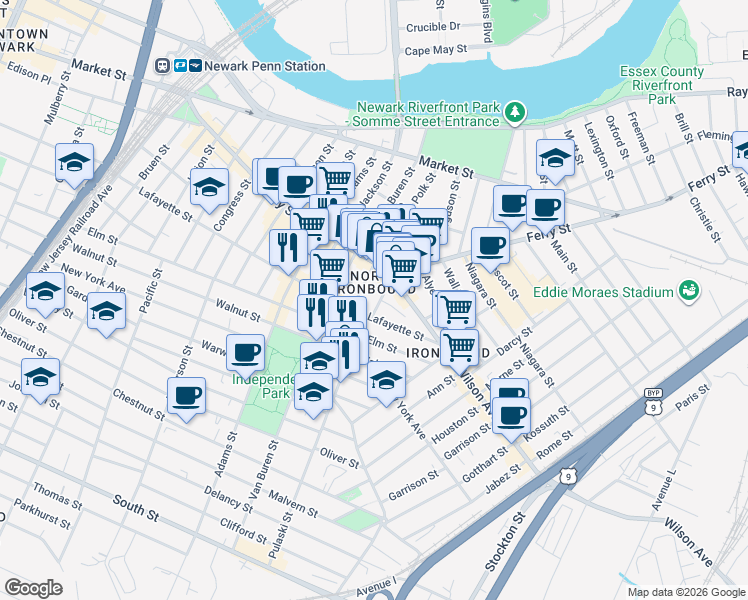 map of restaurants, bars, coffee shops, grocery stores, and more near in Newark