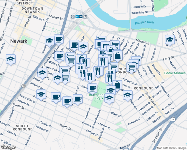 map of restaurants, bars, coffee shops, grocery stores, and more near 296 Walnut Street in Newark