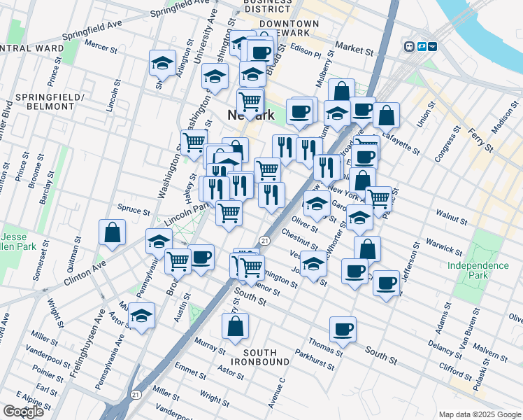 map of restaurants, bars, coffee shops, grocery stores, and more near 65 Chestnut Street in Newark