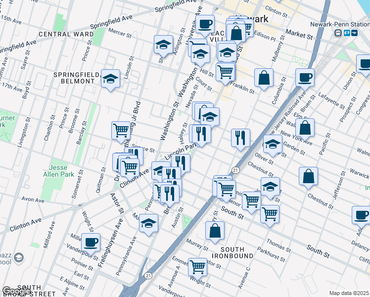 map of restaurants, bars, coffee shops, grocery stores, and more near in Newark