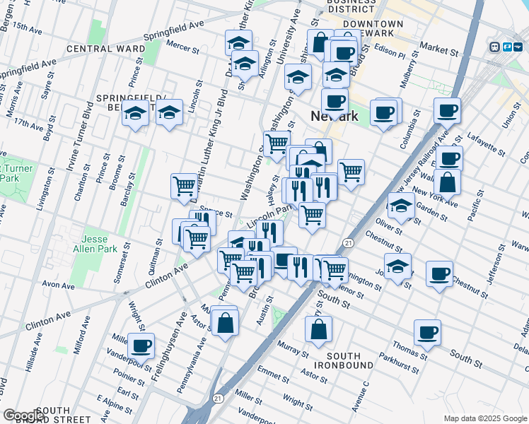 map of restaurants, bars, coffee shops, grocery stores, and more near in Newark