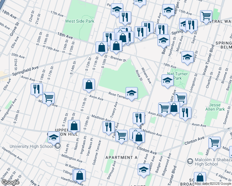 map of restaurants, bars, coffee shops, grocery stores, and more near 56 Rose Terrace in Newark