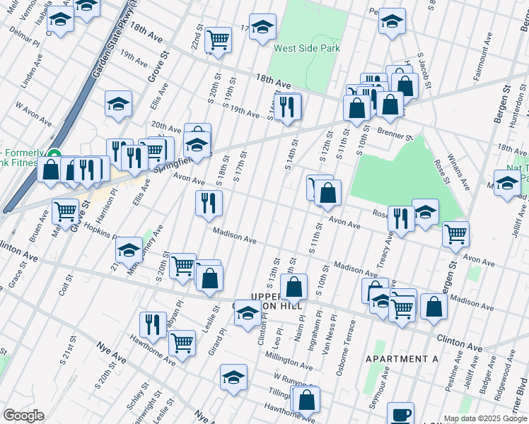 map of restaurants, bars, coffee shops, grocery stores, and more near 801 South 15th Street in Newark