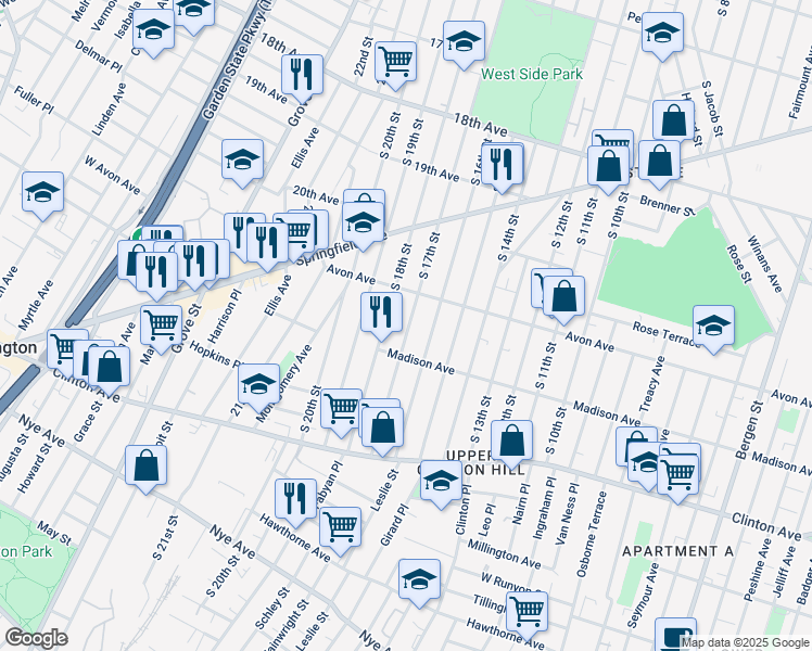 map of restaurants, bars, coffee shops, grocery stores, and more near 823-845 South 16th Street in Newark