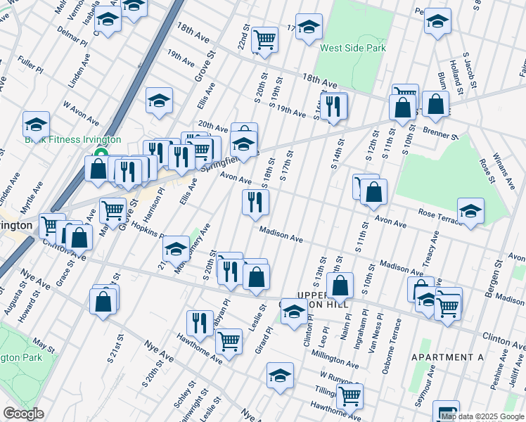 map of restaurants, bars, coffee shops, grocery stores, and more near 823-845 South 16th Street in Newark