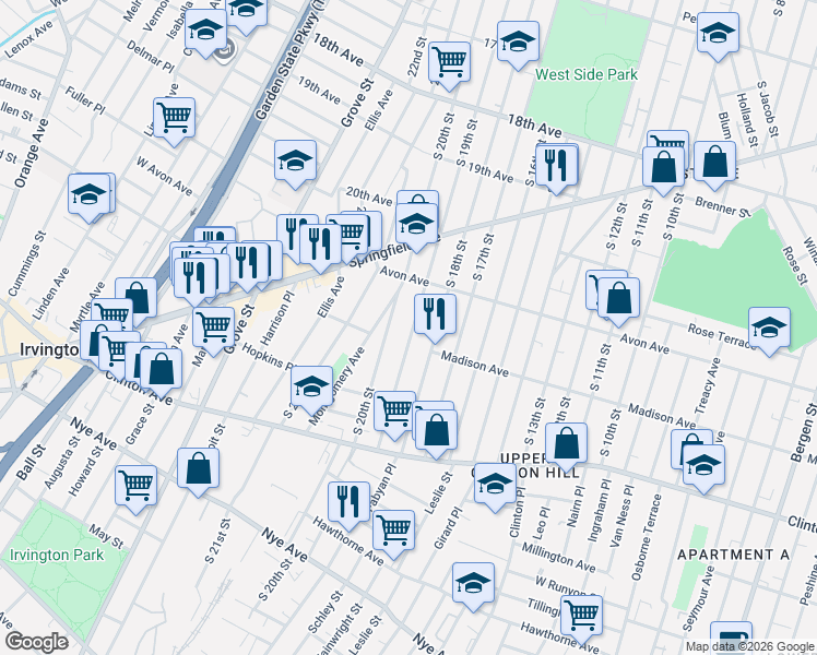 map of restaurants, bars, coffee shops, grocery stores, and more near 853 South 18th Street in Newark