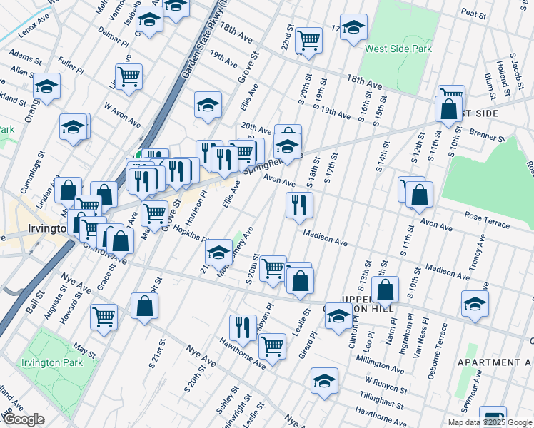 map of restaurants, bars, coffee shops, grocery stores, and more near 862 South 20th Street in Newark