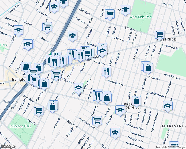 map of restaurants, bars, coffee shops, grocery stores, and more near 862 South 20th Street in Newark