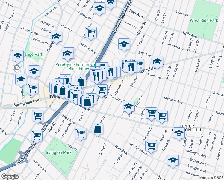 map of restaurants, bars, coffee shops, grocery stores, and more near 944 Grove Street in Irvington