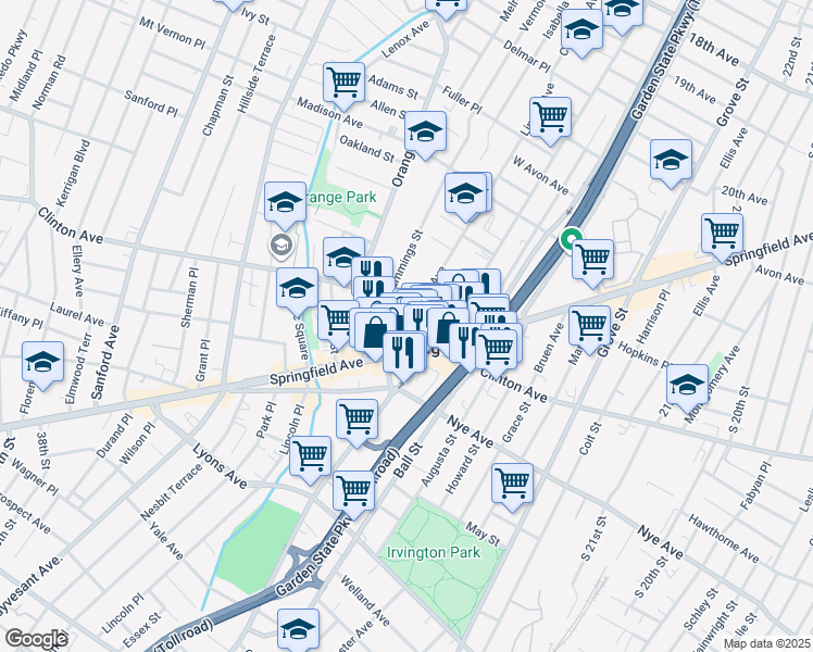 map of restaurants, bars, coffee shops, grocery stores, and more near in Irvington
