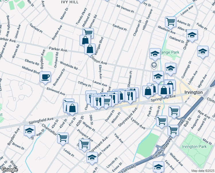 map of restaurants, bars, coffee shops, grocery stores, and more near 1048 Sanford Avenue in Irvington