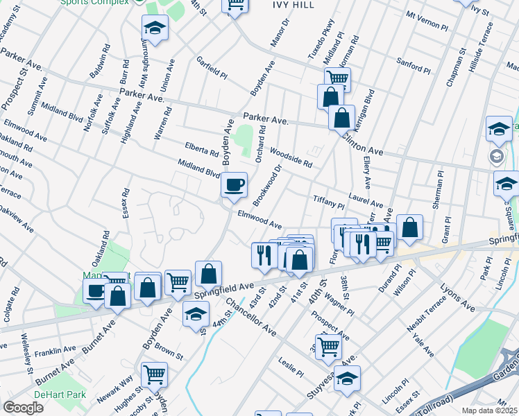 map of restaurants, bars, coffee shops, grocery stores, and more near 240 Elmwood Avenue in Maplewood