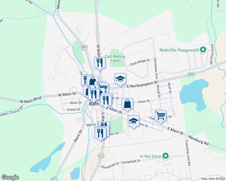 map of restaurants, bars, coffee shops, grocery stores, and more near 121 Center Street in Bath