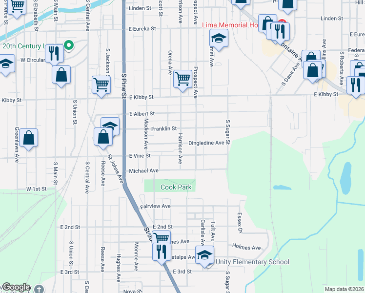 map of restaurants, bars, coffee shops, grocery stores, and more near 732 East Vine Street in Lima