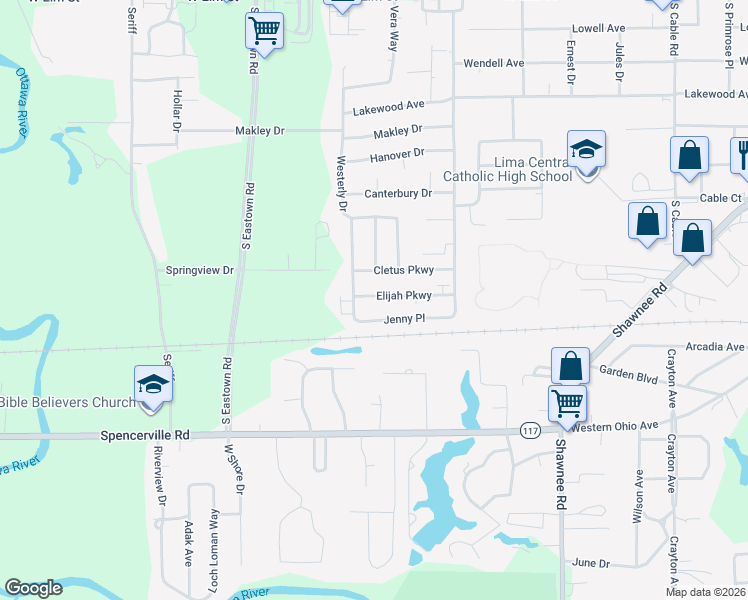 map of restaurants, bars, coffee shops, grocery stores, and more near 3030 Jenny Place in Lima