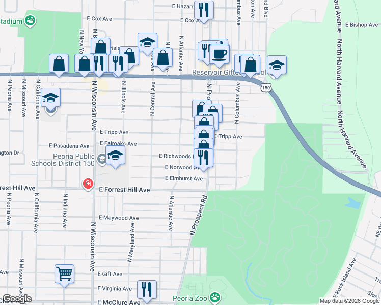 map of restaurants, bars, coffee shops, grocery stores, and more near 1208 East Richwoods Boulevard in Peoria