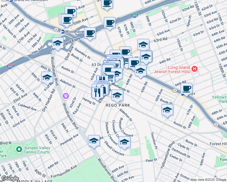 map of restaurants, bars, coffee shops, grocery stores, and more near 63-90 Austin Street in Queens