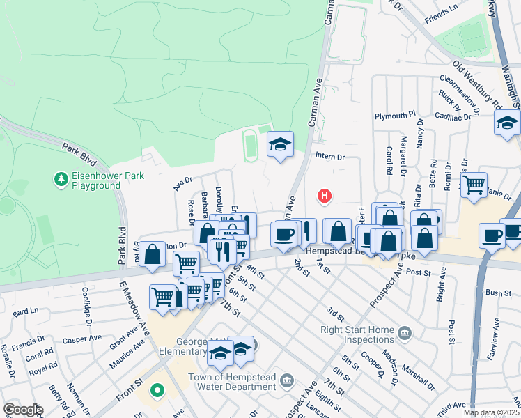 map of restaurants, bars, coffee shops, grocery stores, and more near 2117 Dofena Lane in East Meadow