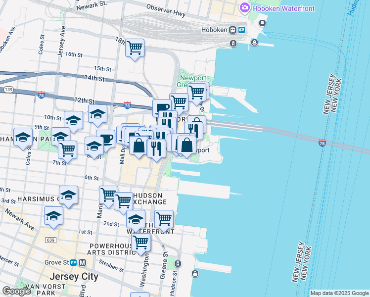 map of restaurants, bars, coffee shops, grocery stores, and more near in Jersey City