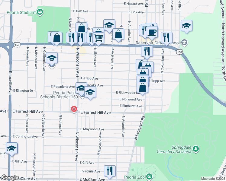 map of restaurants, bars, coffee shops, grocery stores, and more near 1003 East Richwoods Boulevard in Peoria