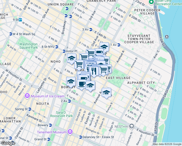 map of restaurants, bars, coffee shops, grocery stores, and more near 117 1st Avenue in New York