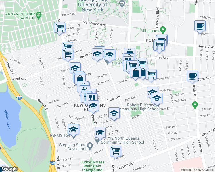 map of restaurants, bars, coffee shops, grocery stores, and more near 147-31 72nd Road in Queens